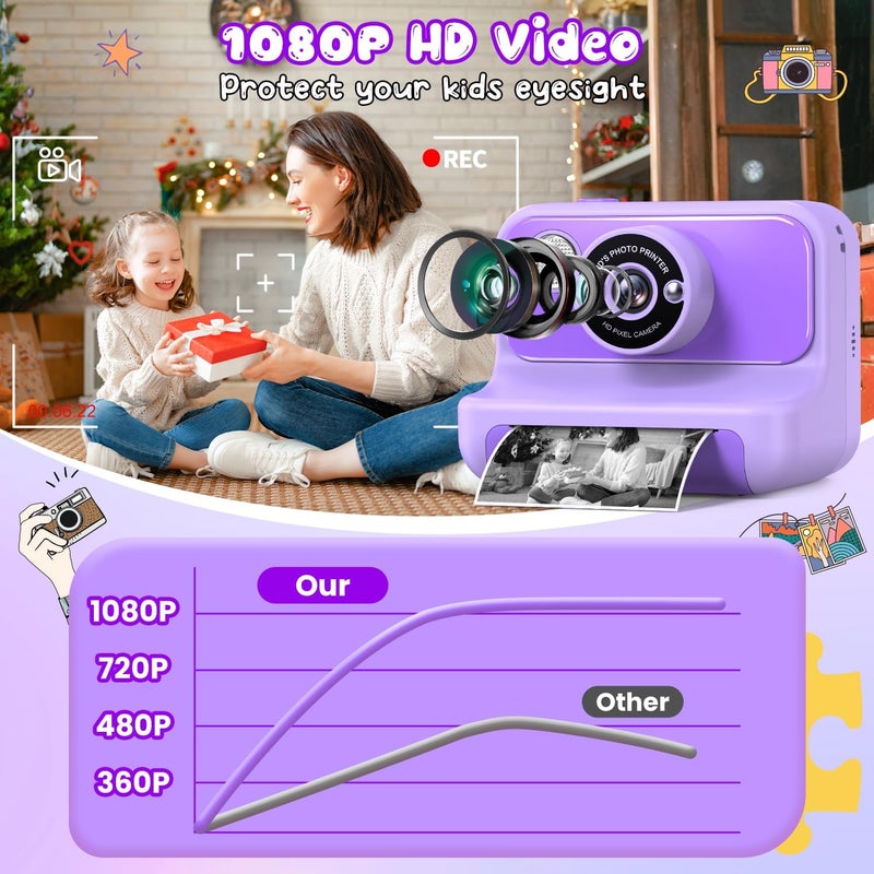 Gofunly Kids Camera Instant Print, Christmas Birthday Gifts for Girls and Boys, 1080P HD Video Digital Kids Camera with 32G Card, Toddler Camera for 3-12 Years Old, Purple - Image 3